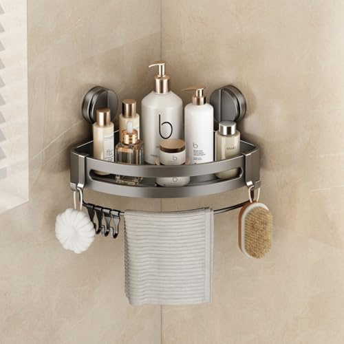 Mustorn Duschablage Ohne Bohren, Duschregal Ecke Saugnapf Badezimmer Regal Wand Duschkorb mit Handtuchhalter & Abnehmbare Haken Eckregal Bad Ablage Dusche Regal Duschkorb Ohne Bohren(1 Stück, Grau)