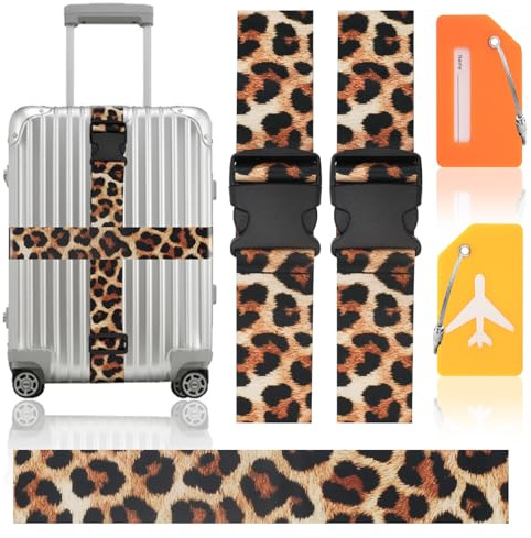 Lymshine 2 Stück Leopard Koffergurt Set,Kofferband Gurt Verstellbare, Luggage Strap 5x200cm Kofferbänder Auffällig mit 2 Gepäckanhänger,Personalisierte Gepäckband zur Schnellen Identifizierung