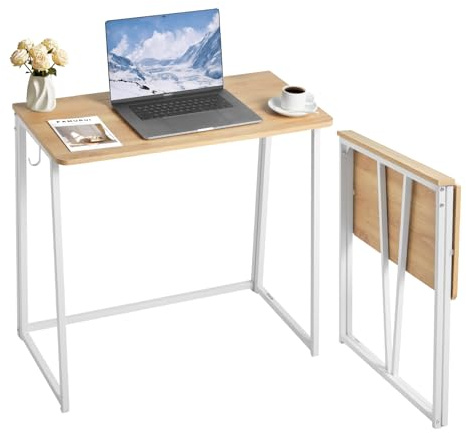 VEVOR Scrivania Pieghevole, Tavolo Piccolo da 80 cm, Tavolo per Computer, Robusto Pannello di Particelle con Ganci Portaoggetti, Postazione di Lavoro per Ufficio Domestico, Facile da Montare, Rovere