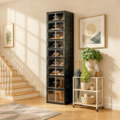 Tykacna Foldable Shoe Organizer Storage Box, Portable Extra Large Folding Shoe Rack for Closet, Shoe Storage Box with Magnetic Transparent Door and Wheels, 9 Layers 18 Grids with 4 Big Grids