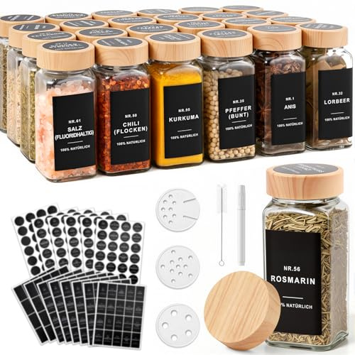 OMOZUN Gewürzgläser eckig Set, 120 ml Glas Gewürzdosen mit Deckel 24er | Gewürzgläser mit Kunststoff (Holzmaserung-Optik) Deckel, Etiketten & Streueinsätze, Gewürz Organizer für Küche & Schublade