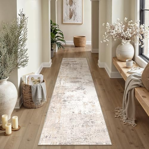 HUGEAR Waschbarer Läufer Teppich Flur 80x300cm Beige Grau Modern Abstrakt Küchen Wohnzimmer Schlafzimmer Teppiche TeppichläUfer rutschfest Kurzflor Weich FlurläUfer TeppichläUfer Bettvorleger