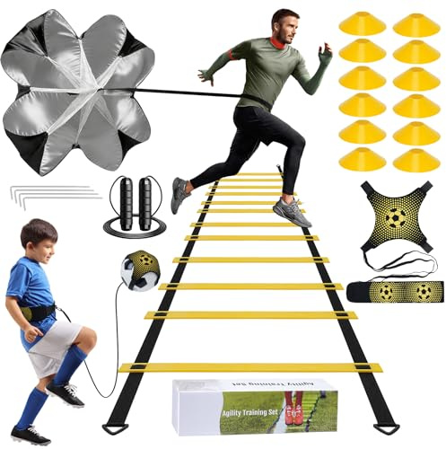 Sockywin Fußball Trainingszubehör, 6 m Koordinationsleiter, 12 Hütchen, Laufparachute, Fußball Kick Trainer, Fußball Trainingsset Fußballgeschenke Erwachsene