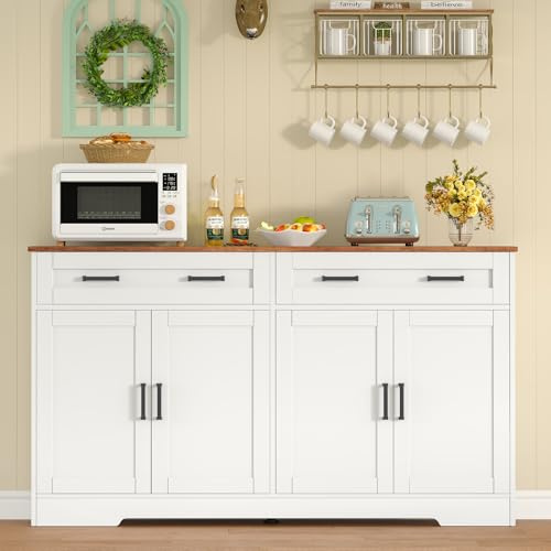 SLINEMO Credenza Cucina 140 cm con 2 Cassetti e 4 Ante, Mobile Cucina Salvaspazio con Ripiano Regolabile, Buffet Multiuso per Sala da Pranzo e Soggiorno, Bianco, 140x40x80 cm