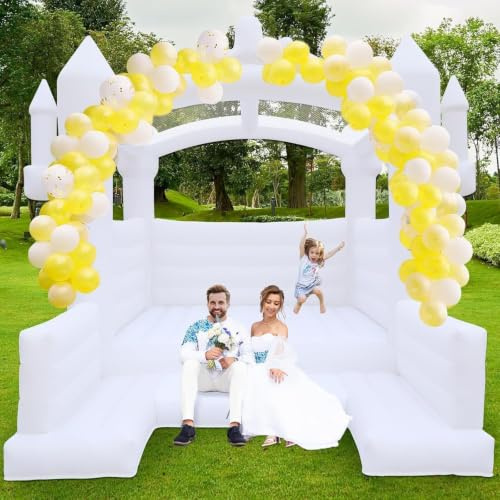 Large White Wedding Bouncy Castle for Adults, Commercial Inflatable Bounce House with Blower & 100 Balloons, Heavy Duty Oxford Cloth for Wedding Party Outdoor Events
