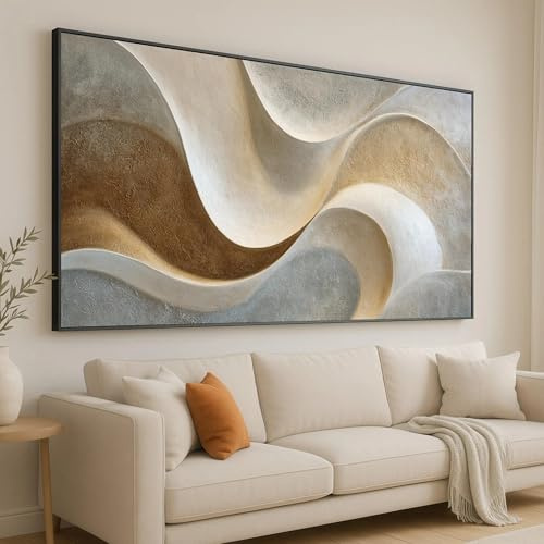 UUDEZO Modernes Wandbild in Beige, Braun und Grau, abstraktes Wellenmotiv auf Leinwand, fertig zum Aufhängen (70 x 140 cm (28 x 55 Zoll)), schwarzer Rahmen