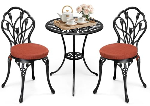 Bonnlo Set Bistrot in Lega di Alluminio, Set Tavolo e 2 Sedie con 2 Cuscini in Spugna, Piedini Regolabili e Foro per Ombrellone, Tavolino e Sedie per Patio, Esterno e Balcone (Nero e Rosso)