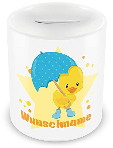 Samunshi® Kinder Spardose mit Namen und Küken mit Regenschirm als Motiv für Kinder - Jungen und Mädchen Sparschwein 330ml weiß
