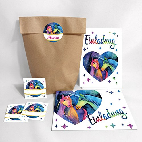 12-Set Einladungskarten, Umschläge, Tüten, Aufkleber zum Kindergeburtstag für Mädchen zwei Einhörner / Unicorn / Einhorn (12 Karten + 12 Umschläge + 12 Party-Tüten (Kreuzbodenbeutel) + 12 Aufkleber)