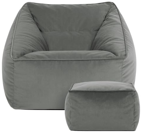 Icon Natalia Samt Sitzsack Sessel und Hocker mit Füllung, Grau | In Deutschland Hergestellt, Sitzsack Erwachsene, Flauschiger Samtstoff, Bequemer Sessel für Wohnzimmer und Schlafzimmer