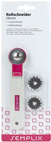 SEMPLIX Rollschneider Mini Ø 28mm 3 Klingen (Gerade-Zacken-Wellen) und Klingenschutz, Stoffschneider für Bastel- und Nähmaterialien (pink)