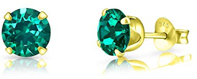 Pendientes Mujer Plata de Ley 925 Chapados Oro 24K con Brillantes de Cristal Esmeralda Verde 6 mm - Pendientes de Botón Oro - Clásicos, Elegantes, Dorados y Hipoalergénicos