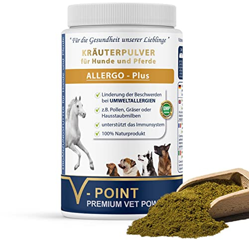 V-POINT ALLERGO Plus per Le allergie da polline Erba Fieno Polvere - Sollievo dei sintomi e prevenzione - Premium Polvere di Erbe per Cani e Cavalli con cumino Nero Rosa Canina Zenzero (500 g)