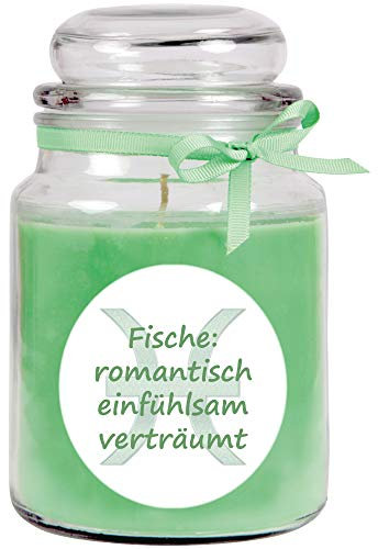 HS Candle Sternzeichen Duftkerze Kokos im Bonbonglas (Fische) - viele Motive zur Auswahl, 500g - Brenndauer bis zu 110 Std - Pisces