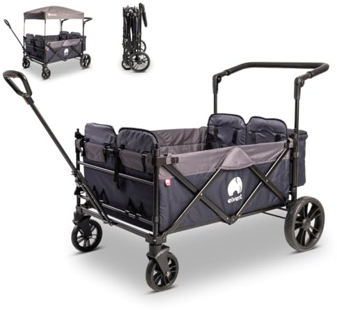 elvent® WagonPro City Bollerwagen/Handwagen faltbar mit Dach I 4 Sitzplätze | groß I Sitzpolster, Hecktasche, Feststellbremse, 5-Punkt-Gurt I für 4 Kinder (Blau)