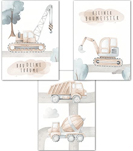 double critical Lemmami Papeterie 3er Set Wandbilder Kinderzimmer Babyzimmer Poster Bilder DIN A4 Jungen Deko Dekoration Bagger Baustelle Baumeister (3er Bilder Set, Pastell, Wanddeko)