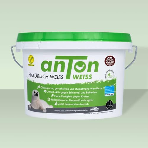 Anton Weiss® Mineralfarbe Weiss | 1L | geruchsneutral & atmungsaktiv | ökologische Mineralfarbe weiß stumpfmatt | hohe Deckkraft | beugt Schimmel vor | für Kinderzimmer und Allergiker