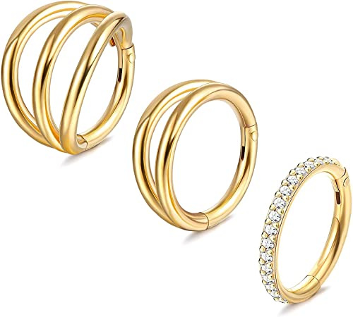 KALVICA 3 Pezzi Piercing Naso Septum Cerchio Acciaio Chirurgico Clicker Segmenti Piercing Orecchio Helix Daith Tragus Anelli al Naso Cerchio Sopracciglia Labbro Piercing Oro