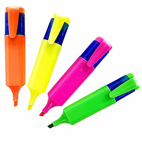 Assorted Neon Highlighter Colored Highlighter Pens Fluorescent Colors Pen Chisel Tips Orange Yellow Pink and Green Pens For School Office Stationery Supplies Aesthetic School Supplies (Pack Of 4)
