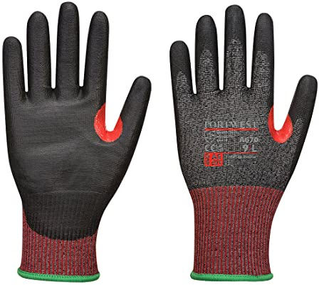 Portwest A670 CS Cut F13 PU Glove Reinforced Thumb Crotch Touchscreen | Black, Small, EN ISO 21420 Dexterity 5, EN 407, Seamless 13 Gauge Liner, Breathable, Reflective, Construction