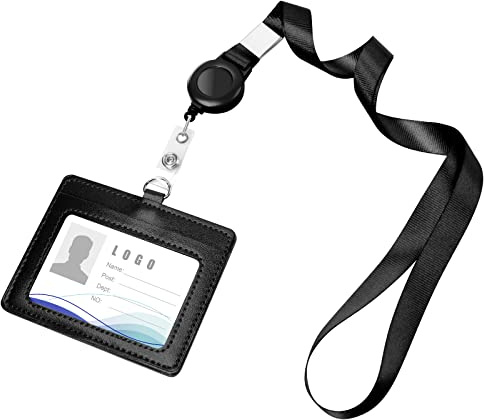 Vicloon Colgante de Tarjeta de Identificación PU, Soporte de Tarjeta ID de Doble, Caracuero Horizontal Portatarjetas con Lanyard y Retráctiles para Personal, Oficina (Negro