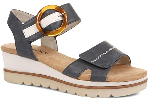 Pavers Ladies Dual Fit Sandals - Stylish Comfortable Wedge Sandals for Casual Wear - Women's Cushioned Footbed and Decorative Buckle - Size 5/38 Navy