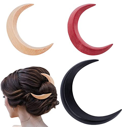 WEBEEDY 3 Stück Handgeschnitzte Mondsichel Haargabel Mond Haarnadel Holz Mond Haarspangen Mond Haarstab Haar Gothic Zubehör Für Frauen Mädchen Haarschmuck Mond Haarstäbchen Halbmond