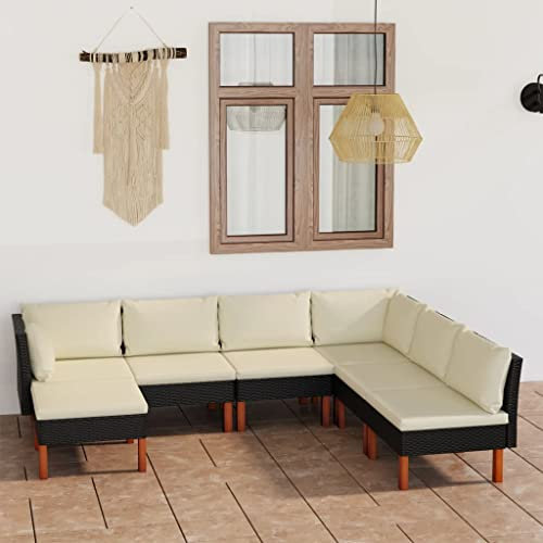 homiuse 7 Stück Lounge Gartenmöbel Set mit Kissen Balkonmöbel Set Sofagarnitur Terrassenmöbel Outdoor Gartentisch Sofa 7 Sitzer mit Rückenkissen Poly Rattan Eukalyptusholz Schwarz