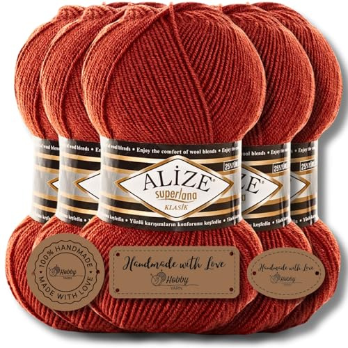 Hobby YARN 3x Etikettenlabel mit Alize Superlana Klasik Wolle Premium 5x100g als Set, Yarn, Garn, Strickgarn, Einfarbig, Baby, zum Häkeln, Stricken, Kleidung, Schals (Terra - 36)
