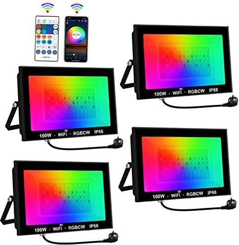 T-SUNUS Projecteur LED RGB Extérieur 100W, Projecteur LED Couleur WIFI avec App Bluetooth et Télécommande, IP66 Etanche, Sync avec Musique pour Fête Jardin Bar Halloween 4 Pièces