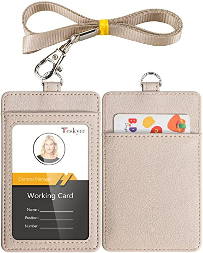 Teskyer Ausweishülle mit Band, Ausweishülle aus PU Leder, mit Transparentem Fenster und 2 Karten, und Nylon Schlüsselband, Beige