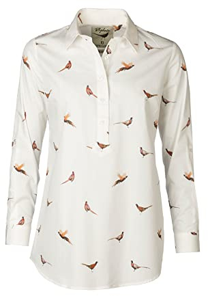 Rydale Ladies Printed Overhead Shirt Women’s Button Shirts Blouse Animal Print White Tops Tunic (as8, Numeric, Numeric_16, Regular, Regular, Pheasant White)