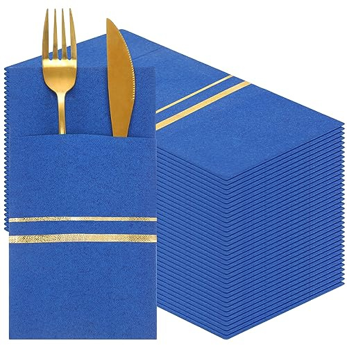 Roshtia 100 Pack Dinner Napkins Disposable Linen Feel Dinner Napkins with Built-in Flatware Pocket Gold Trim Lined Pre Folded Paper for Wedding Party (Royal Blue,Gold)