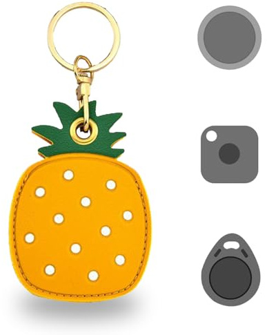 Universal Smart Tag Holder Fit for Tile Mate, AirTag, Galaxy SmartTag, eufy SmartTrack Link, Key Fob, Leather Cute Air Tracker Case with Key Rings, (Pineapple)