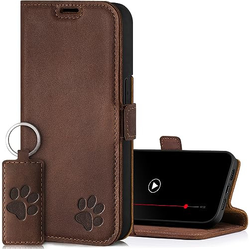 SURAZO Slim Magnet Handyhülle für Apple iPhone 15 Pro Max Hülle Leder – Echtleder Schutzhülle mit Pfote Motiv – RFID Klapphülle [Standfunktion, Kartenfach] Flip Cover Case Lederhülle (Nussbraun)