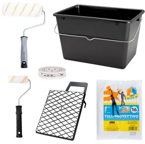 PENNELLIFICIO 2000 | Kit 2 Rulli con Bacinella e Retina per Scolare la Pittura, Nastro per Mascheratura e Telo Protettivo, Set Pittura, Idropittura, Pareti Lisce, Secchio da 14 L - Made in Italy