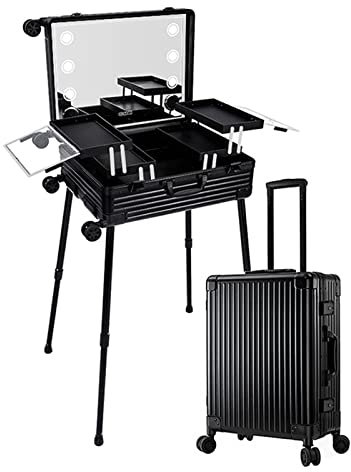 Professional Cosmetic Case Makeup Brush Organizer Makeup Artist Case, Train Case Rolling Cosmetic Organizer With Rolling Wheels Lights And Mirror, Combination Lock, Black 1 Piece cosmetic case ( Color