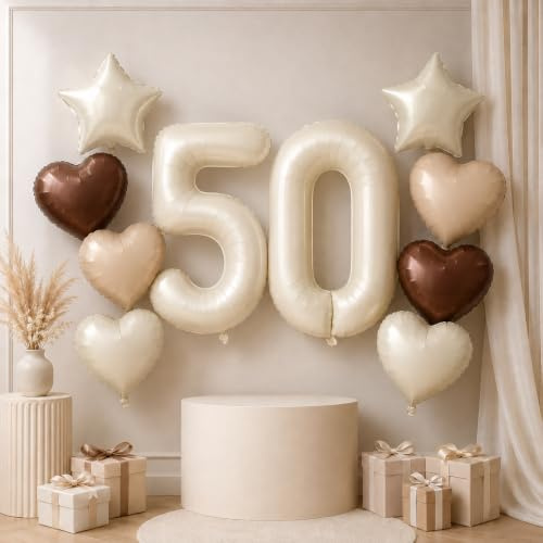 Beige Luftballon 50. Geburtstag Deko, Nude Zahl 50 Folienballon Stern Ballon, Creme Aprikose Braun Herz Luftballons für Junge Frau Geburtstagsdeko Hochzeit Jubiläum Party Dekoration, Fliegt mit Helium