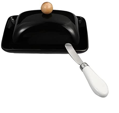 Cloche à Beurre Beurrier avec couvercle, boîte à beurre en céramique, récipient à beurre avec couteau, porte-margarine en porcelaine for la maison, l'hôtel, le Bar, 1 pièce Bol à beurre ( Color : Noir
