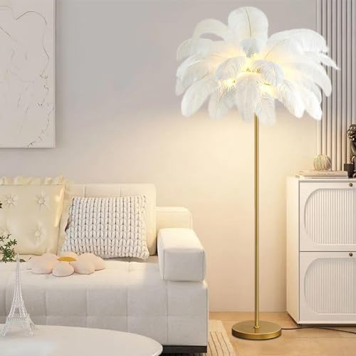 KUviez Lampadaire en plumes d'autrucheLampadaire, éclairage domestique, lampe de chevet, lampe sur pied pour salon, maison de lecture, chambre à coucher, décoration de bureau à domicile