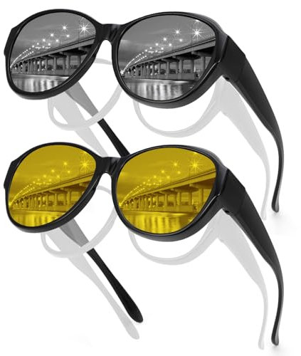 2PCS Polarisierte Überzieh Sonnenbrille Damen Herren, Sonnenbrille Überbrille mit UV Schutz, Nachtfahrbrille Polarisierte Sonnenbrille Über Normale Brille, TR Überbrille Sonnenbrille für Brillenträger