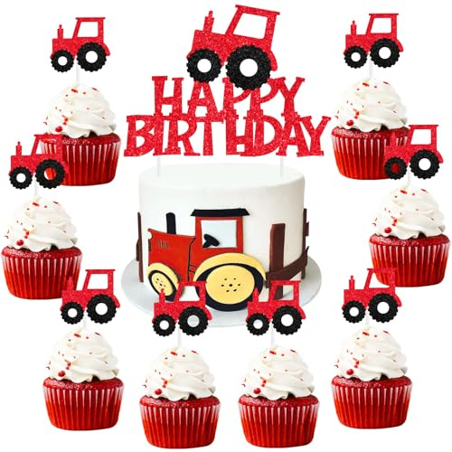 Sursurprise Tractor Cake Topper Red for Boys Girls, 12 PCS Cupcake Toppers, Tractor Themed Birthday Party Supplies