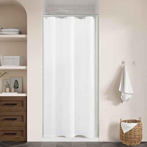 DUKIYO Duschvorhang aus weißem Leinen, für Badezimmer, schmal, 91,4 x 182,9 cm, wasserfeste Baumwollvorhänge im Landhausstil inkl | Schmale Duschvorhänge, Boho, Bauernhaus, Baumwolltuchvorhang, maschinenwaschbar, mit Haken, 91,4 x 183,9 cm