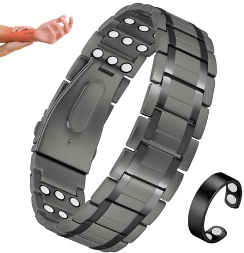 Cigmag Magnetarmband Herren Reines Titan Armband Dreireihig Faltschließe | ultrastarke Magnete, verstellbar, wasserdicht, 3500 Gauss, grau, inklusive Magnetring, Einstellwerkzeug und Geschenkbox