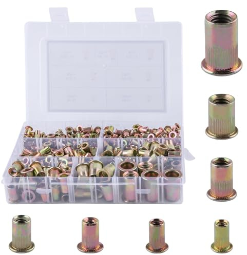 SPEEDWOX 368pcs Kit de surtido de tuercas de remache Kit amarillo de zinc plano cabeza Rivnut conjunto de tuercas de inserción roscadas Kit de tuercas de remache en #6-32#8-32#10-24 1/4-20 5/16-18