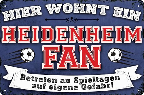14x20 cm Blechschild für Fußball Fans, hier wohnt ein Heidenheim Fan – Wandschild, Türschild, Torschild, lustiger Fussball Spruch, Fanartikel