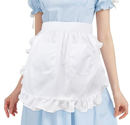 Nanxson Delantal de Algodón con Cintura para Mujer Medio Delantal de Encaje con Dos Bolsillos, Disfraz de Sirvienta para Decoración de Limpieza, Disfraz de Cosplay