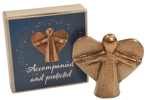 Herzmensch Kleiner Schutzengel aus massiver Goldener Bronze mit englischer Sprache accompanied and Protected als kleines Geschenk für Kinder, Lehrer, Freunde