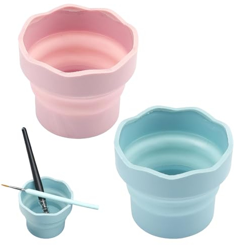 ZHERIKAH 2 Pezzi Bicchiere Portatile Gomma Bicchieri, Pieghevole Porta Pennelli Pennello Rondella Pentola, Adatto per Escursioni, Viaggi, Corsi di Pittura, Lezioni e Altro Ancora (Blu, Rosa)