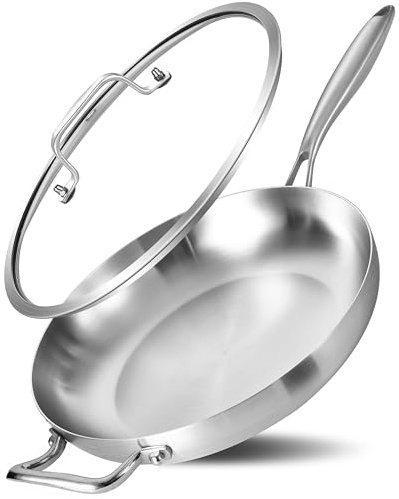Bzayeat 12-Inch Tri-Ply Stainless Steel Frying Pan with Lid & Detachable Handle - Induction Compatible Skillet, Oven & Dishwasher Safe, Ideal for Frying, Sautéing & Simmering